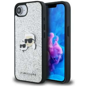 KARL LAGERFELD case for IPHONE 16e (Fixed Glitter W/ Ikonik Metal Pin) silver